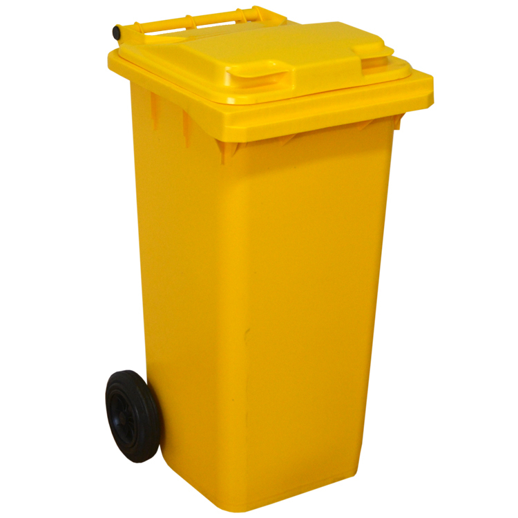 Contenedor 120 litros amarillo para kit antiderrame con tapa, ruedas y pedal - vista lateral