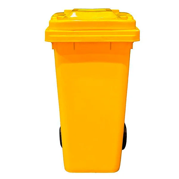 Contenedor 120 litros amarillo para kit antiderrame con tapa, ruedas y pedal - vista frontal