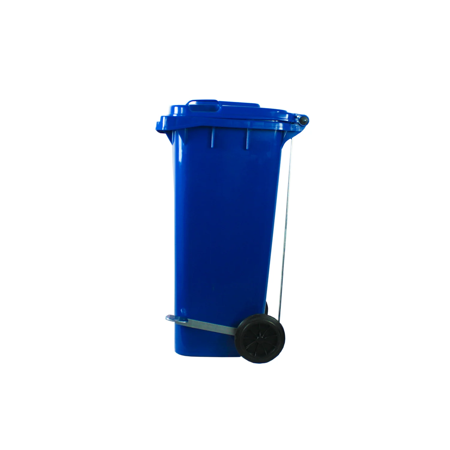 Contenedor 120 litros azul con tapa, ruedas y pedal - vista lateral