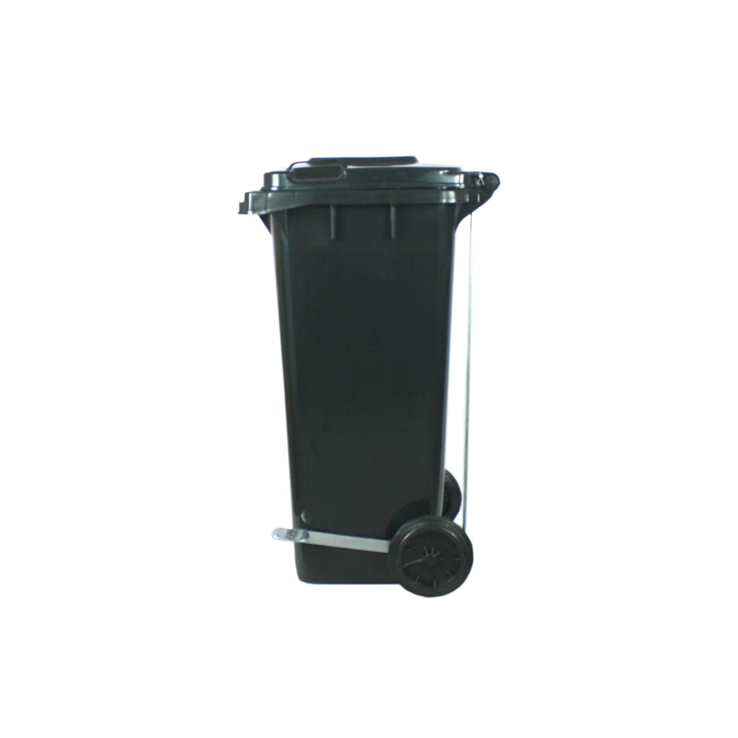 Contenedor 120 litros negro con tapa, ruedas y pedal - vista frontal