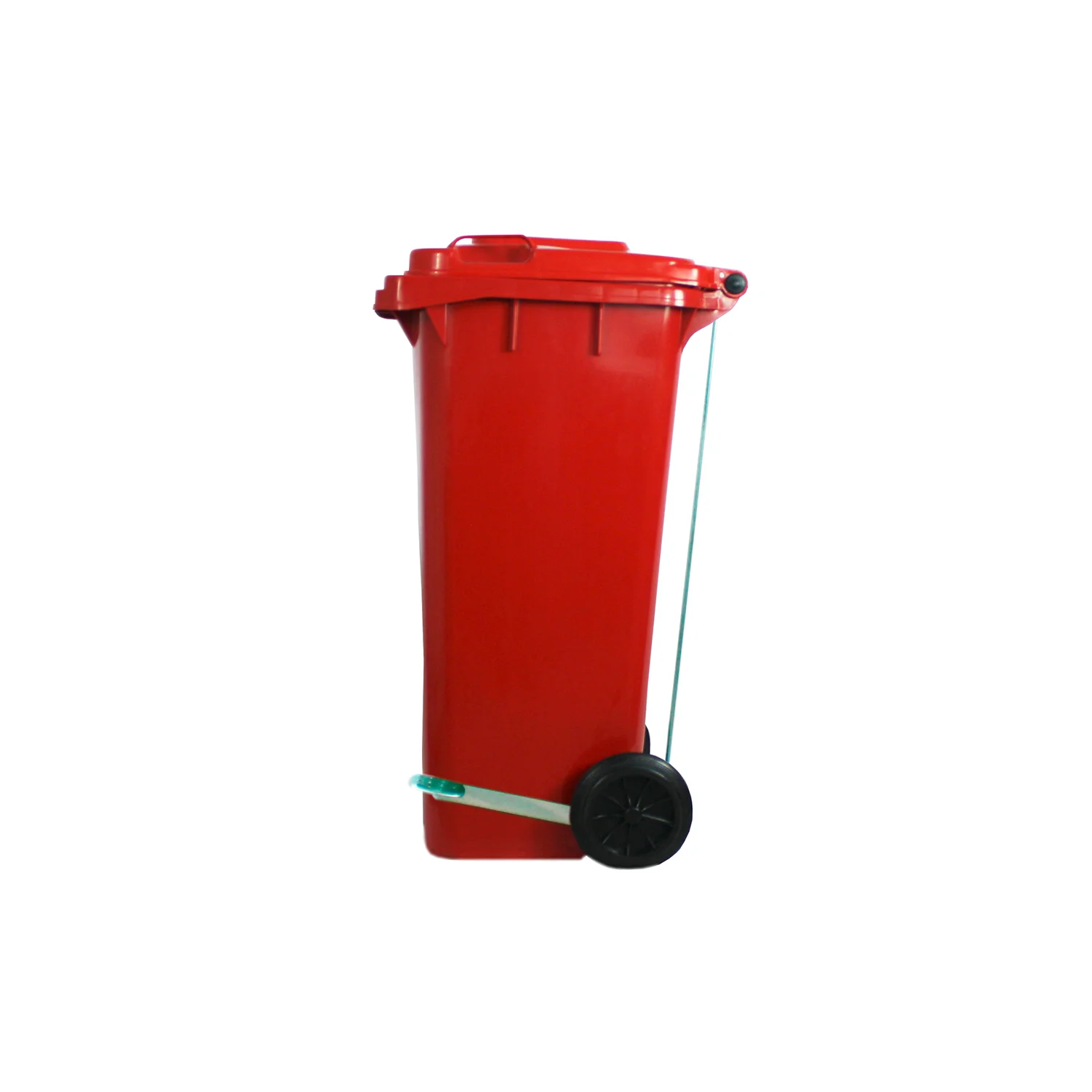 Contenedor 120 litros rojo con tapa, ruedas y pedal - vista lateral