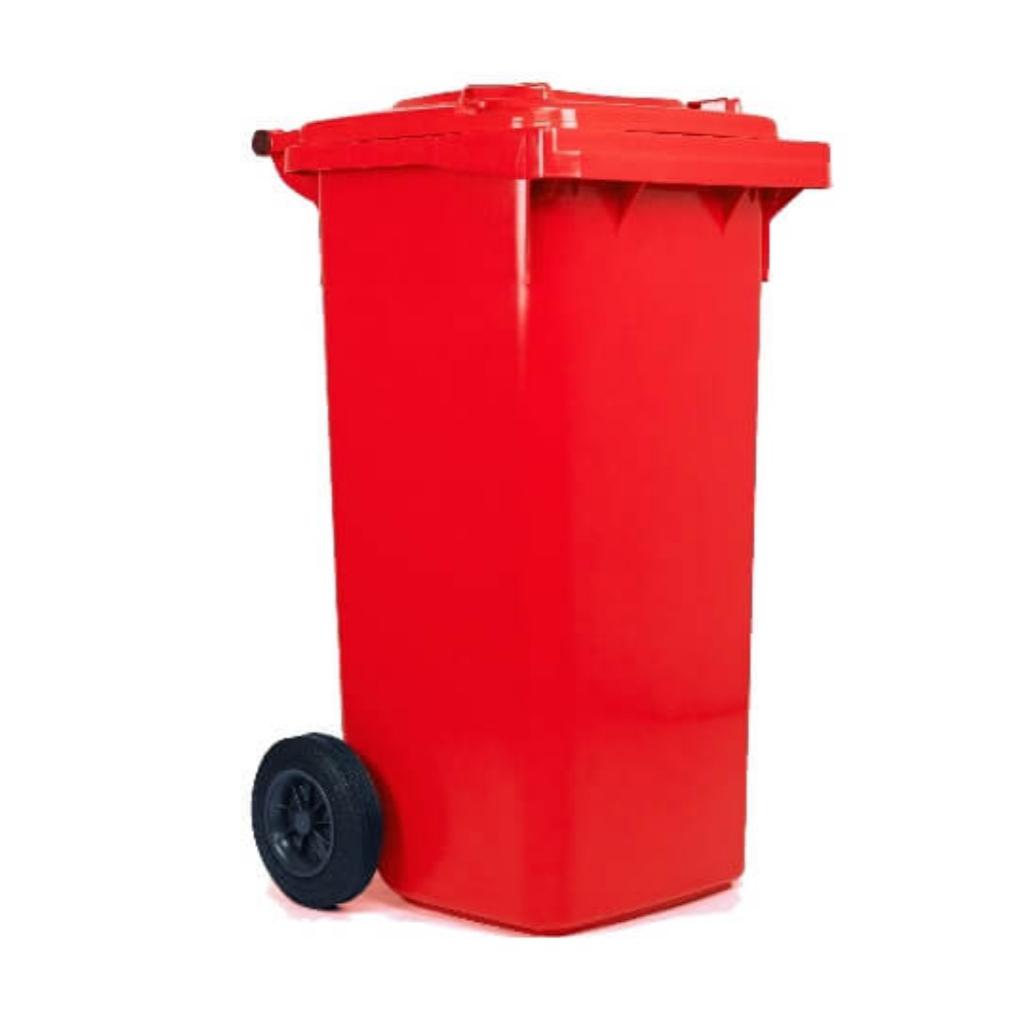 Contenedor 120 litros rojo con tapa, ruedas y pedal - vista frontal