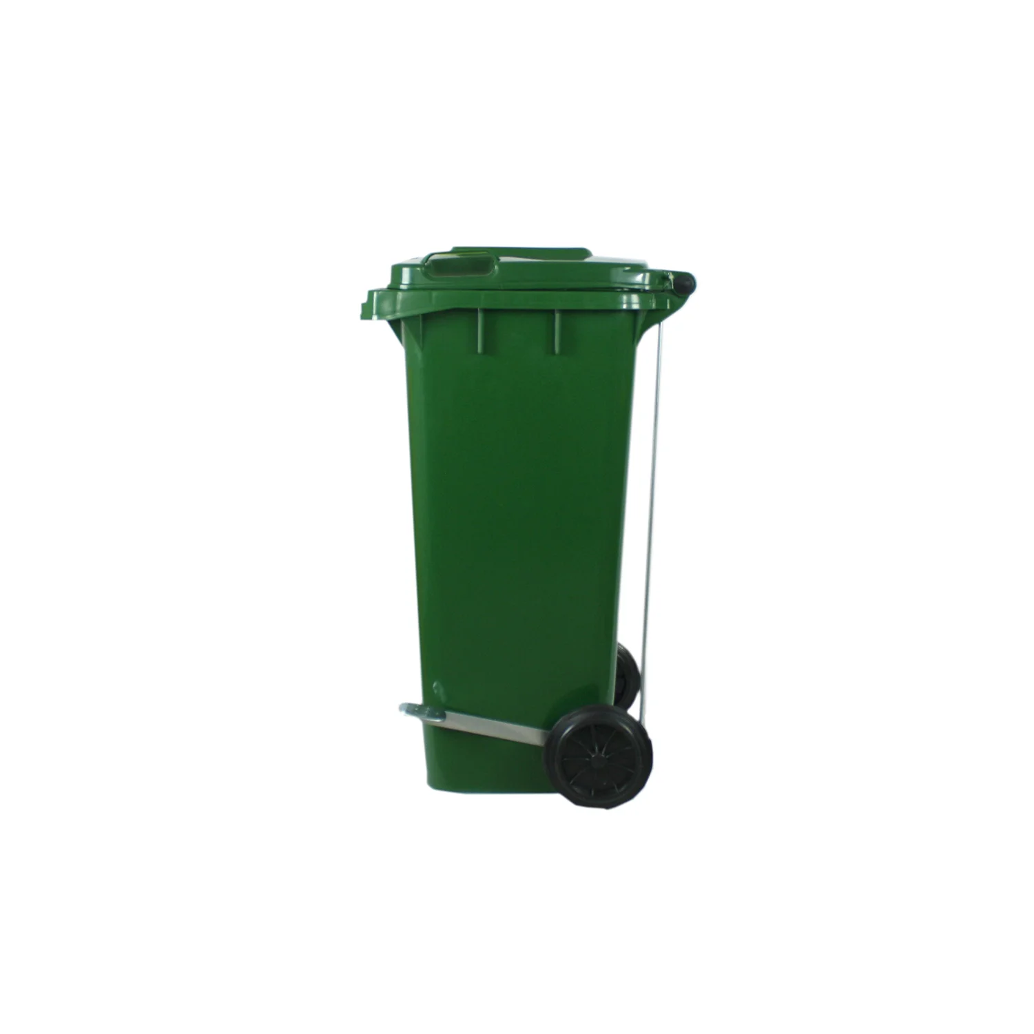 Contenedor 120 litros verde con tapa, ruedas y pedal - vista frontal