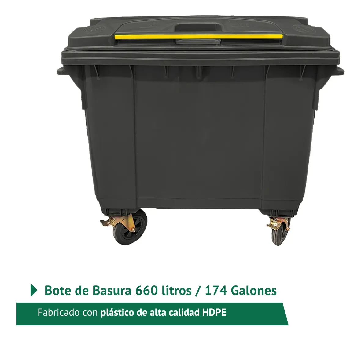 Contenedor 660 litros negro con tapa y pedal HDPE - vista frontal