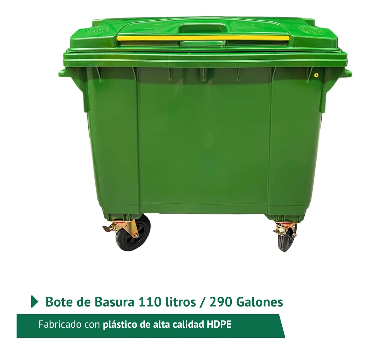 Contenedor 660 litros verde con tapa y pedal HDPE - vista frontal
