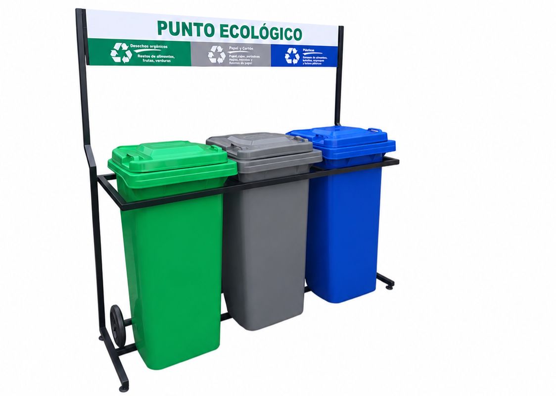 Punto Ecológico estación x3 de 120 litros con rótulo personalizado - vista alternativa