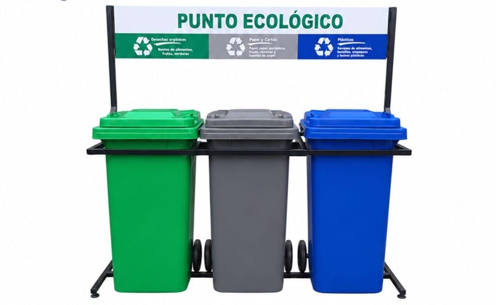 Punto Ecológico estación x3 de 120 litros con rótulo personalizado - vista frontal